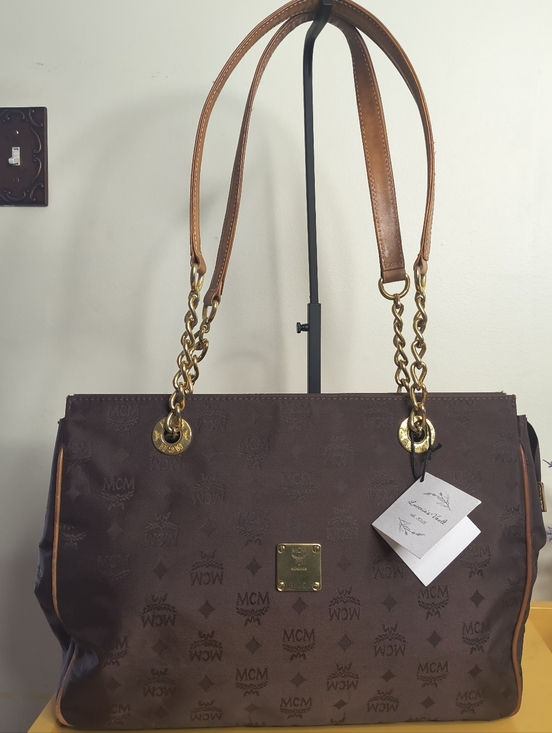 MCM Handbags - MCM Brown Logo Canvas Shoulder Tote with Gold Chain Handles